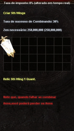 Tela de craft da Wings Level 5 na Chaos Machine com Relic 5th Wing